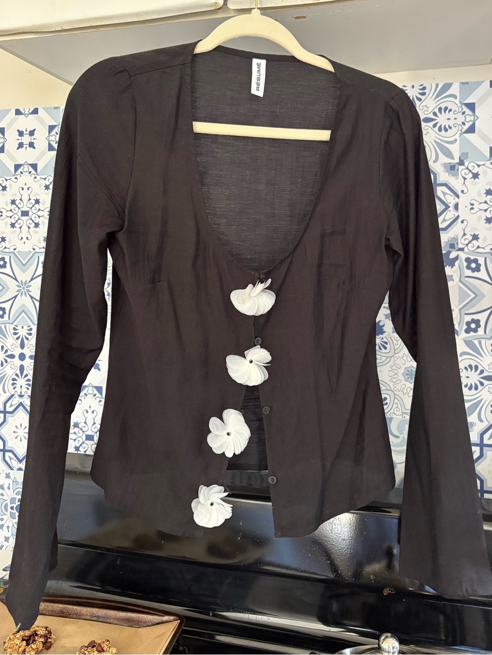 New Black Women’s Floral Accent Button up Top